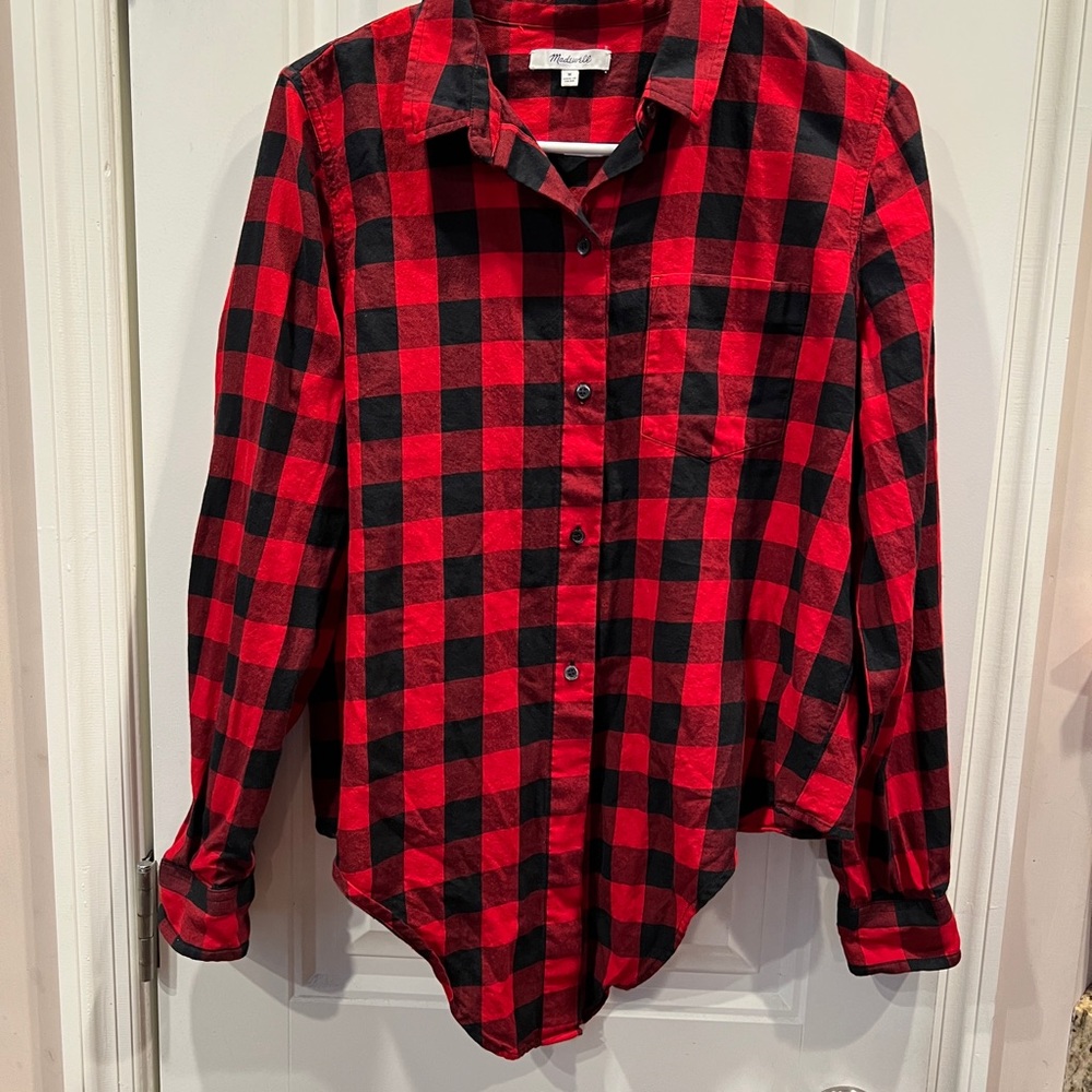 Madewell Red and Black Buffalo Plaid Check Tie Front Shirt Womens Sz Medium - Picture 3 of 6